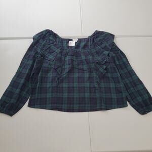 J Crew Shirt Womens XL Black Watch Plaid Ruffle Long Sleeve Outlander Holiday